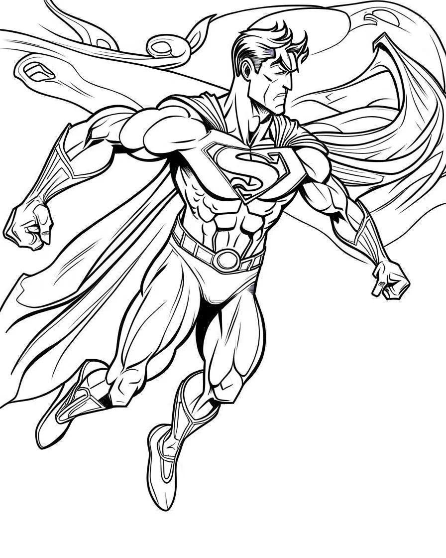 real massive Superman run, coloring page, no leaves, full body (((((white background))))), only use an outline., real style, line art, white color, clean line art, white background, Sketch style