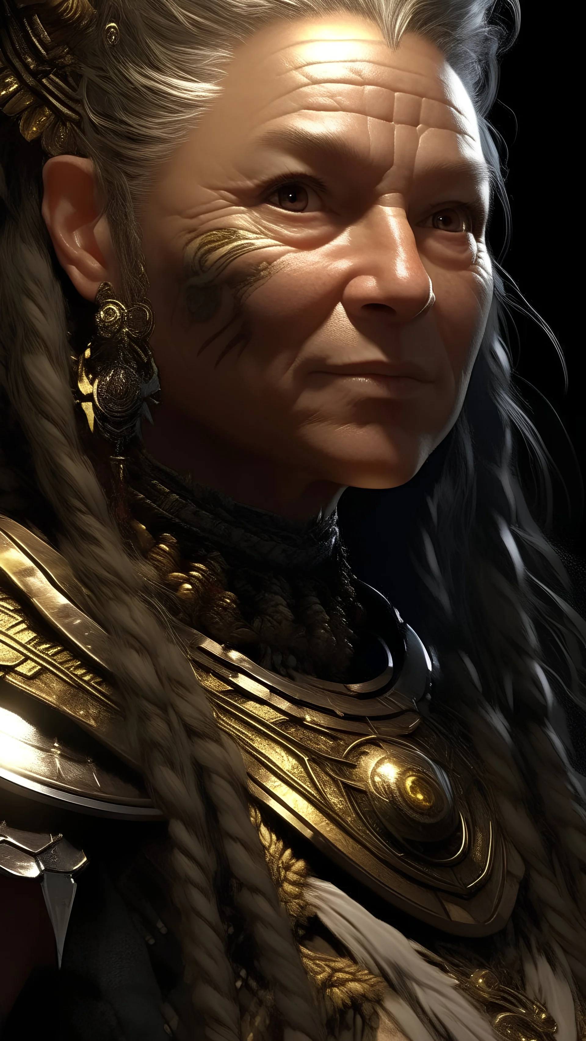 female kalashtar from dungeons and dragons, barbarian class from dungeons and dragons, long and dark hair bound in intricate braids adorned with small feathers and beads, bronzed skin, amber eyes flecked with silver, armor adorned with trophies and tokens such as furs, bones, feathers, and intricate tattoos, realistic, digital art, high resolution, strong lighting