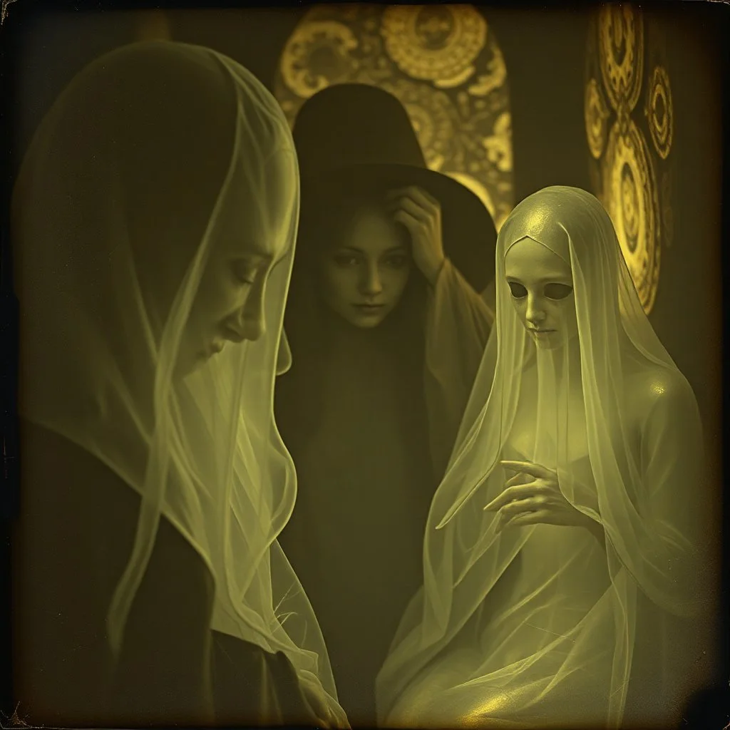 Daguerrotype close up some mysterious figures, odd background, mystical, Hieronymus Bosch Max Ernst ambient light, by Minicavio Quollati and Marlost Endgulp, Amano, Botticelli, Alphonse Mucha, distopic