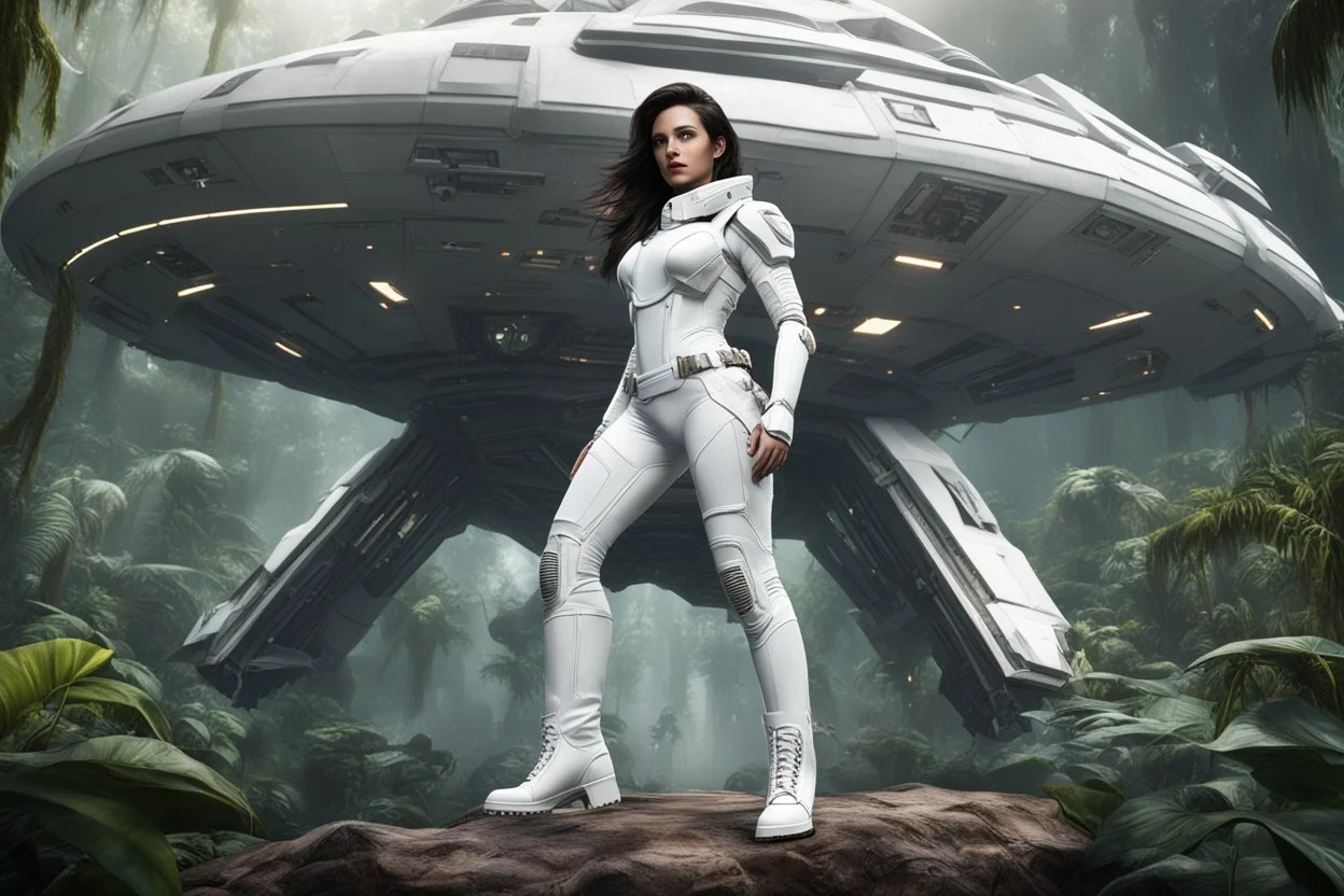 photorealistic slim woman with dark hair and white boots in a heroic pose in front of a fat wide spaceship in the jungle