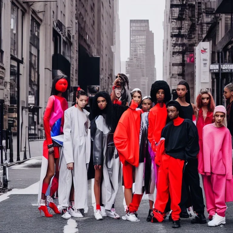 photo of a group of beautiful models wearing high fashion clothes, balenciaga, yeezy season, photorealistic photography, colourful, high contrast, new york city, street, fashion photography, high resolution, 8k, moody, hard light, gen z, wide angle lens