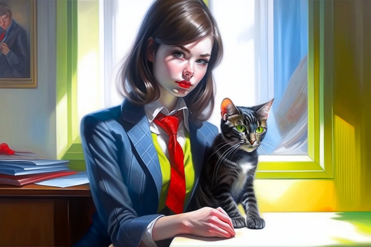 kitten brunette girl secret agent joker in an office in sunshine, very detailed, oil painting