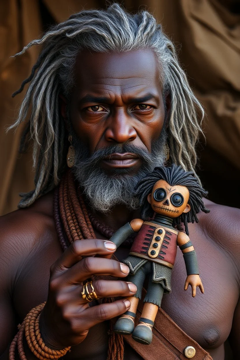 beautiful black skin warrior man gray hair holding a voodoo doll