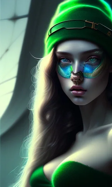 girl, sexy, beautiful, long hair, wavy hair, green hair, blue eyes, green beanie, green bra,big boobs, black tee shirt,full body portrait, 8k resolution concept art portrait by Greg Rutkowski, Artgerm, WLOP, Alphonse Mucha dynamic lighting hyperdetailed intricately detailed