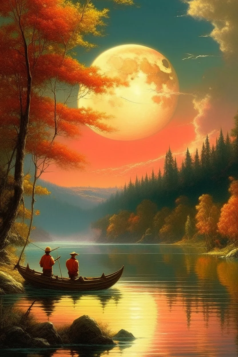 Realistic oil painting of a serene lake with a massive hunters moon in the background, two fishermen in a small boat, intricate details of trees and reflections on the water, by Thomas Moran and Claude Monet, (long shot), warm colors, peaceful atmosphere