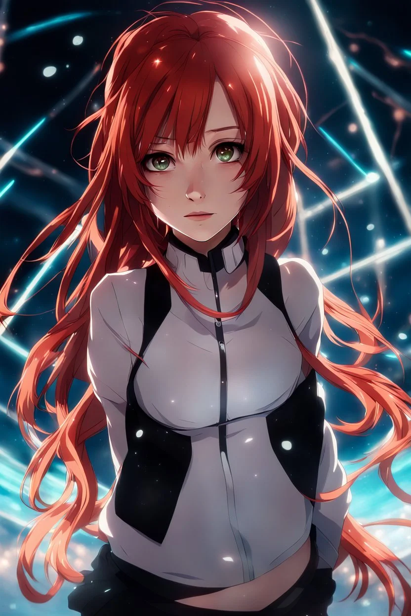 dramatic close-up portrait hologram in the realistic anime style of Mophea Fiverr, a beautiful red haired anime girl , suspended in mid-air within a mesmerizing display of a gallery, dramatic, dark and emo, mesmerizing and striking