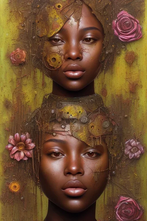 an abstract painting of rusted metal and flowers, african portrait, rust, scaffolding, iron cladding, decay, mixed media, textured, anatomically correct, beautiful perfect face, sharp focus, highly detailed