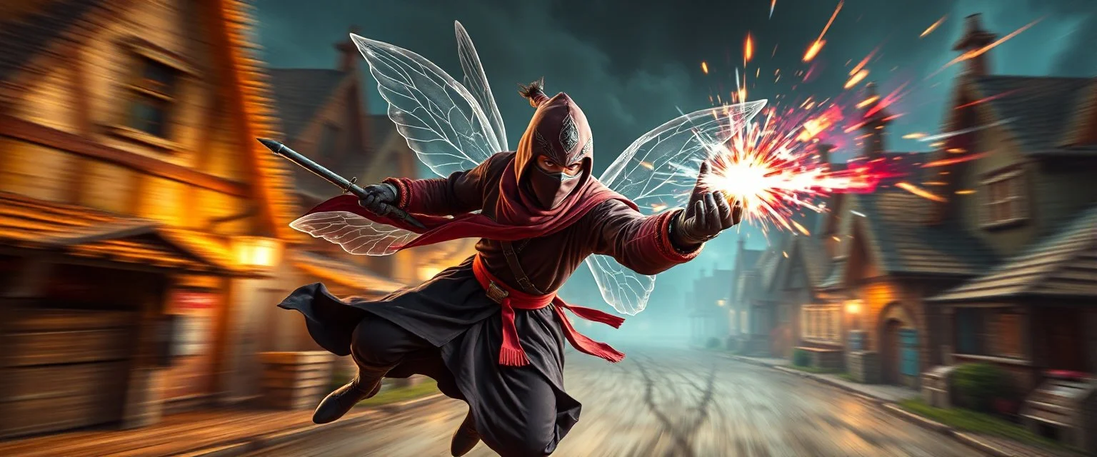 super duper mega ninja rock star fairy thief priest dungeons magician throwing a wild magic spell that performs while flying at high speed through cyber punk village, background motion blur, painted by Rembrandt