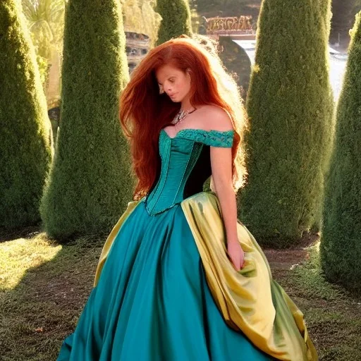 princess with long auburn hair in a big teal green and gold satin ballgown corset off shoulder top in a castle