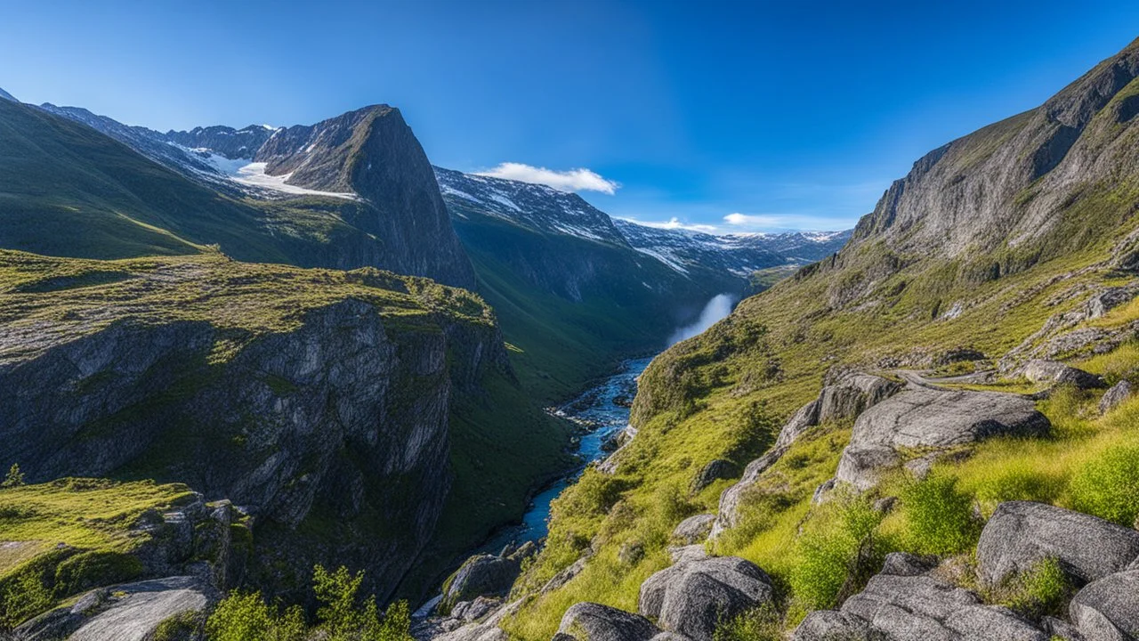 Stigfossen, rocky hilltop, valley, waterfall, road, mountains, sky, beautiful composition, award-winning photograph, astonishing realism, 28mm lens, adjust perspective