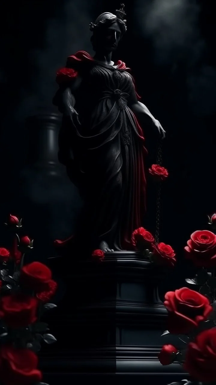 The statue of justice is filled with blood, carrying a scale full of red roses, and poppy flowers grow from underneath it and climb the statue. Dark garden background cinematic.