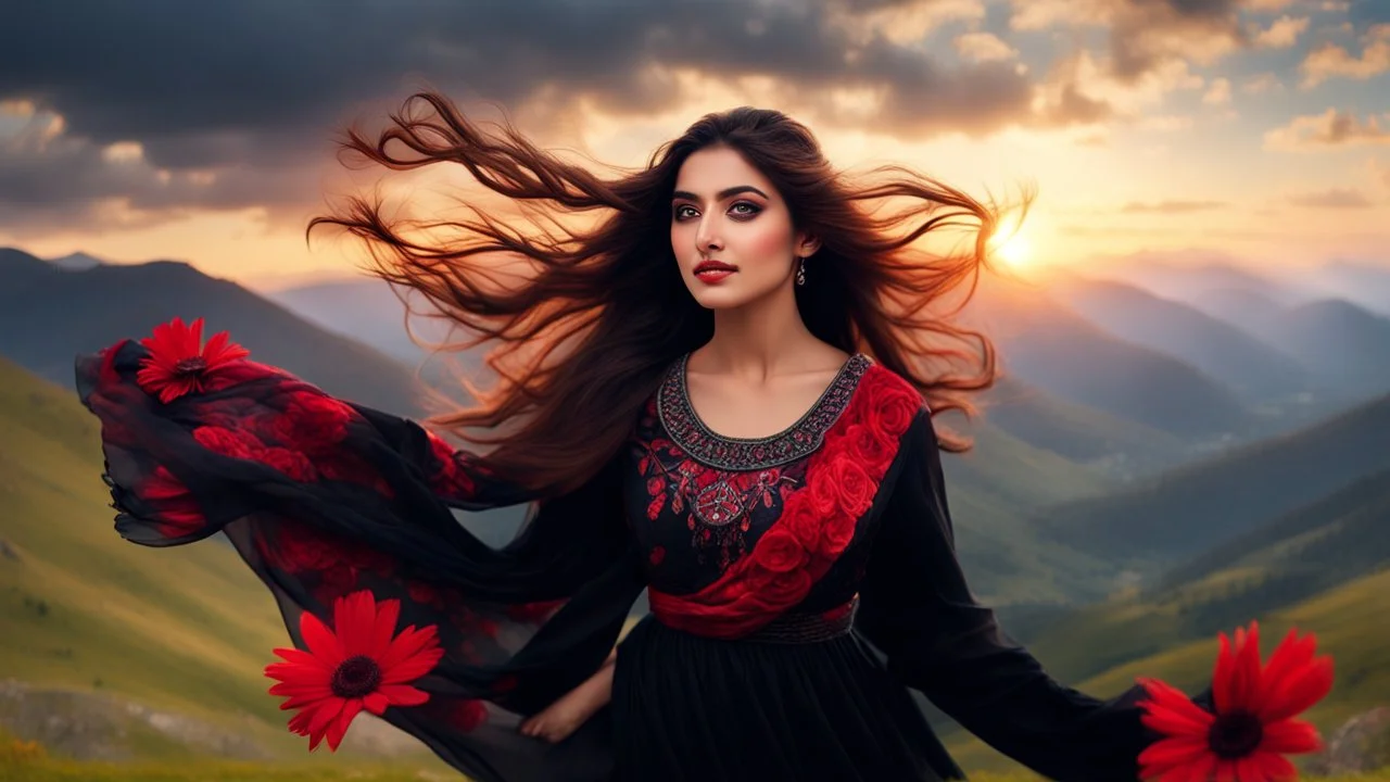 Hyper Realistic Photographic Close-Up View Of A Beautiful Young Pashto Woman With Beautiful Eyes Lips & Nose (Wearing Beautiful Black Frock With Red Flower Patterns On It Her Beautiful Long Hair Whirling In Air) Happily Whirling On Mountain-Top With A Valley Down, At Cloudy Sunset Showing Dramatic & Cinematic Ambiance.