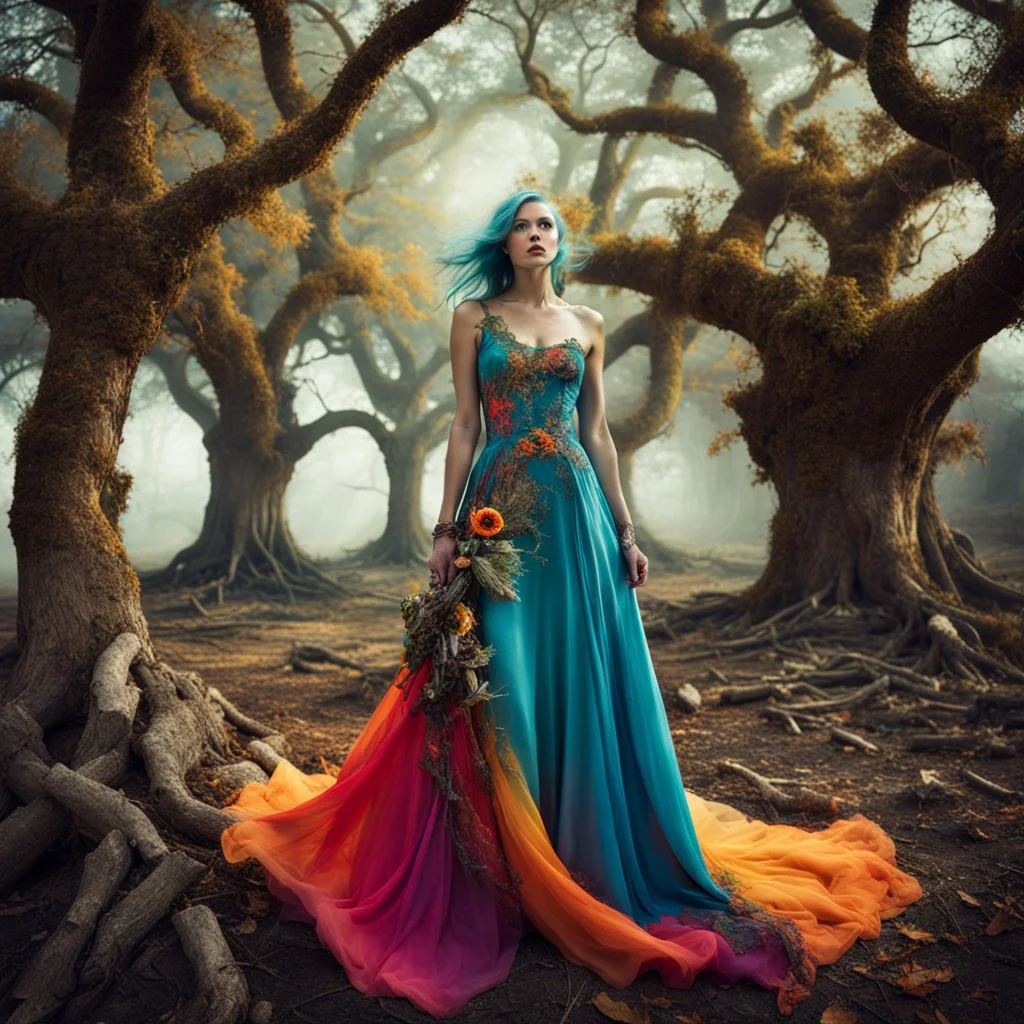 Photo of an odd being, bright colors, odd fashion, award winning photography, odd pose, trees, very accentuated details of the dress and skin, eerily mysterious, artistic photo, shot on Hasselblad, high definition, high resolution, 8k, 3d render, very detailed, F/2.8. Background ruins, after a war, noon-light, odd