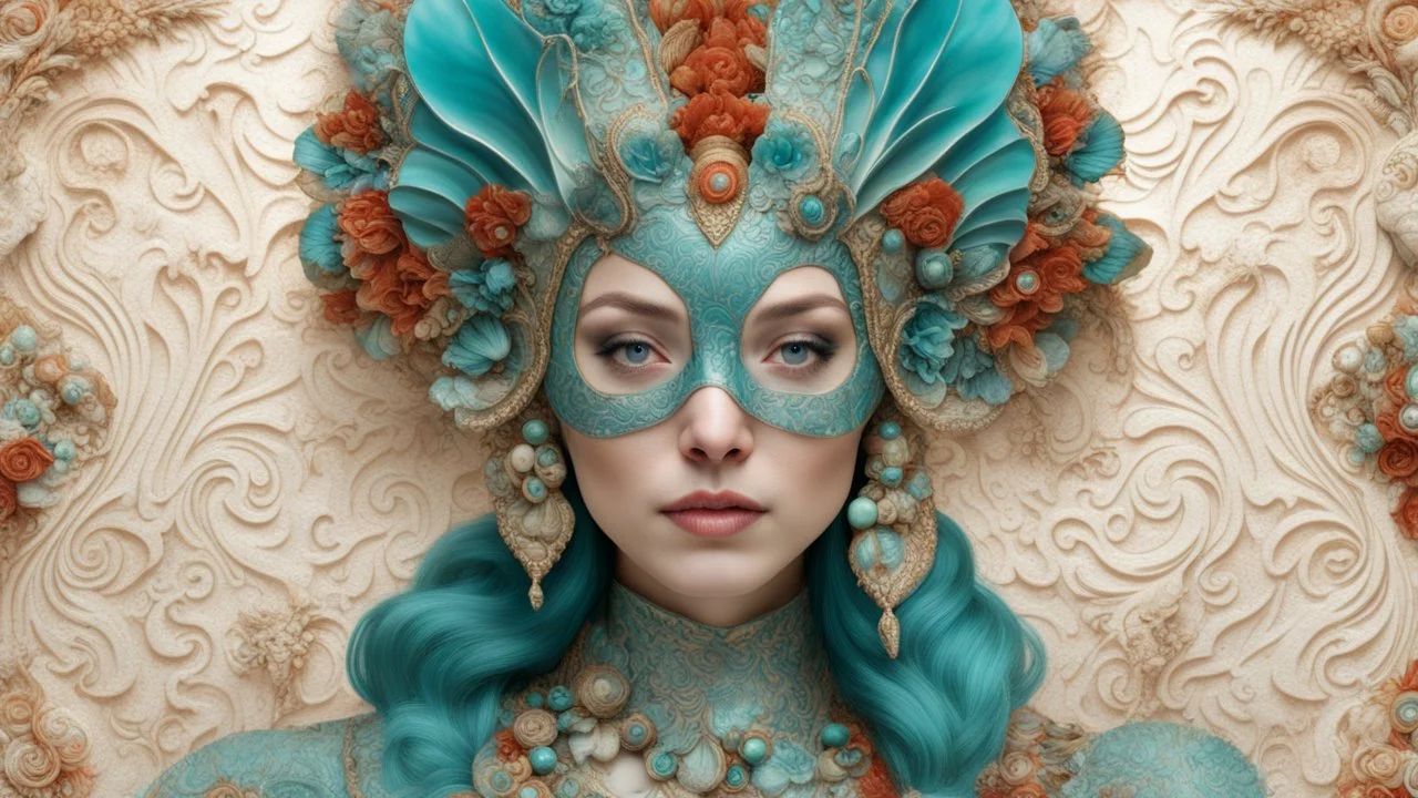 Beautiful woman portrait, adorned with m white blue and turquoise metallic filigree floral embossed and jade and malachite ribbed mineral stone colours and beige eggshell ocous and sea horse colour and brown and coralls red mollusk shell headdress, venetian style mollusk shell face masque and wearing sea costume armour ribbed with irridescent bioluminescense Golden dust and mollusk shell ribbed costume organic bio spinal ribbed detail of full extremely detailed hyperre