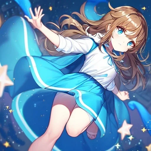 Clear focus, High resolution, A anime teen, cute, rough line skecth, star around kid, sparkling eyes, medium fluffy brown hair, blue sparkling eyes, 1girl (solo), wearing a blue snow cloak and a white shirt, epic battle stance, (((Full body)))