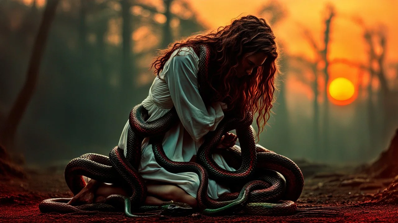 an suffering and crying braided frizzy hair female figure kneel in vintage white long-sleeve sleepdress and a lot of giant green-brown and black-red snakes climbing on his all body completely covered, twisting her legs , many snake climbing her body and neck, high detalied, high realistic, cinematic, surreal, thriller, dark fantasy, sunset, mistic fog, blur dark forest in background