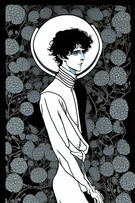 Black haired blue eyed freckled young male wizard in the style of aubrey beardsley