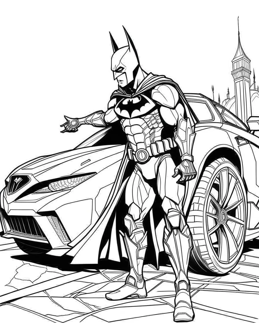 real massive batman attact to a car, coloring page, full body (((((white background))))), only use an outline., real style, line art, white, clean line art, white background, Sketch style.