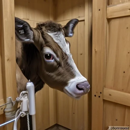 Crazy cow, waiting in her stall to be milked.