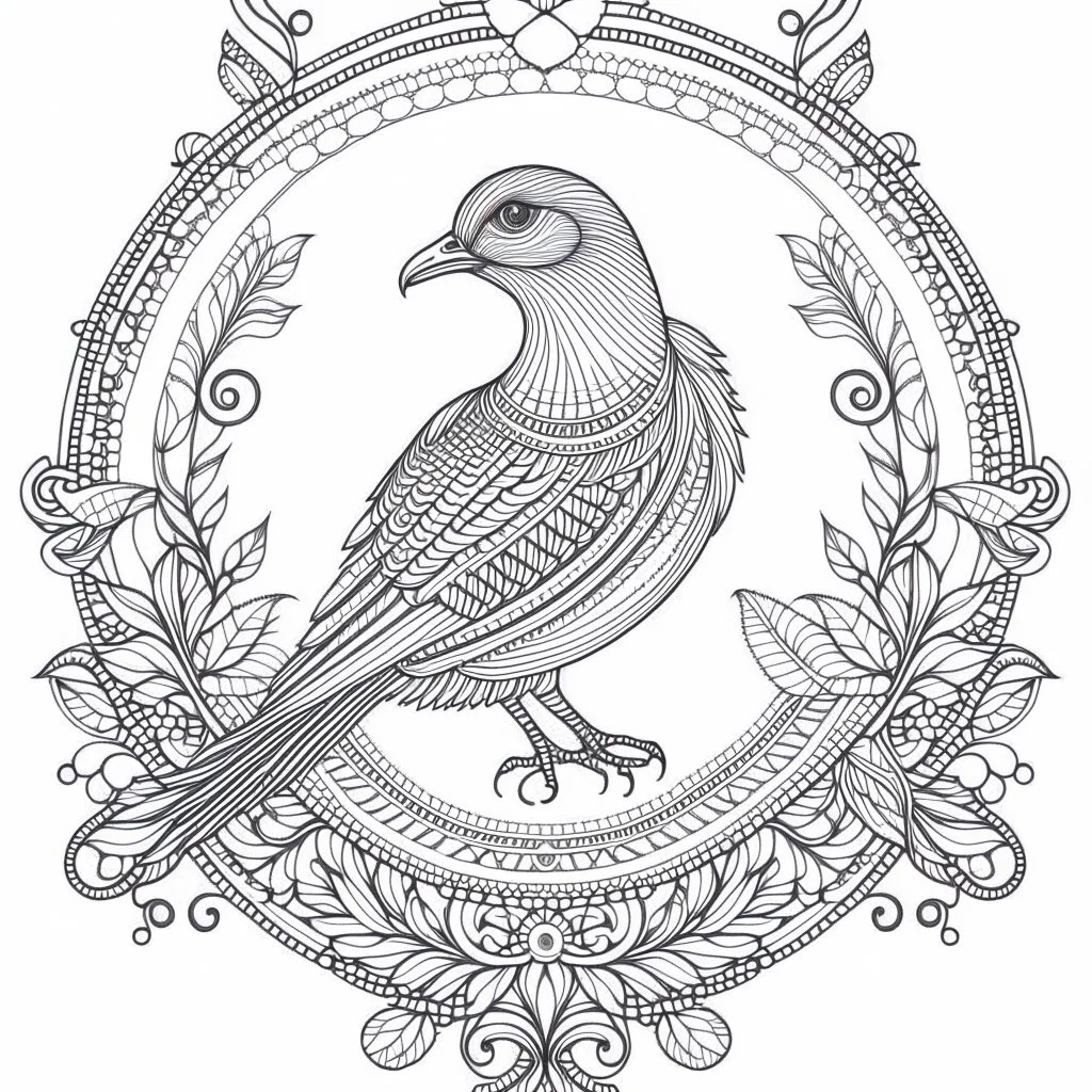 coloring page: A vector illustration of a Renaissance A majestic BIRD illustration at the center of the mandala, surrounded by intricate patterns and floral motifs painting, with clean lines and a white background for