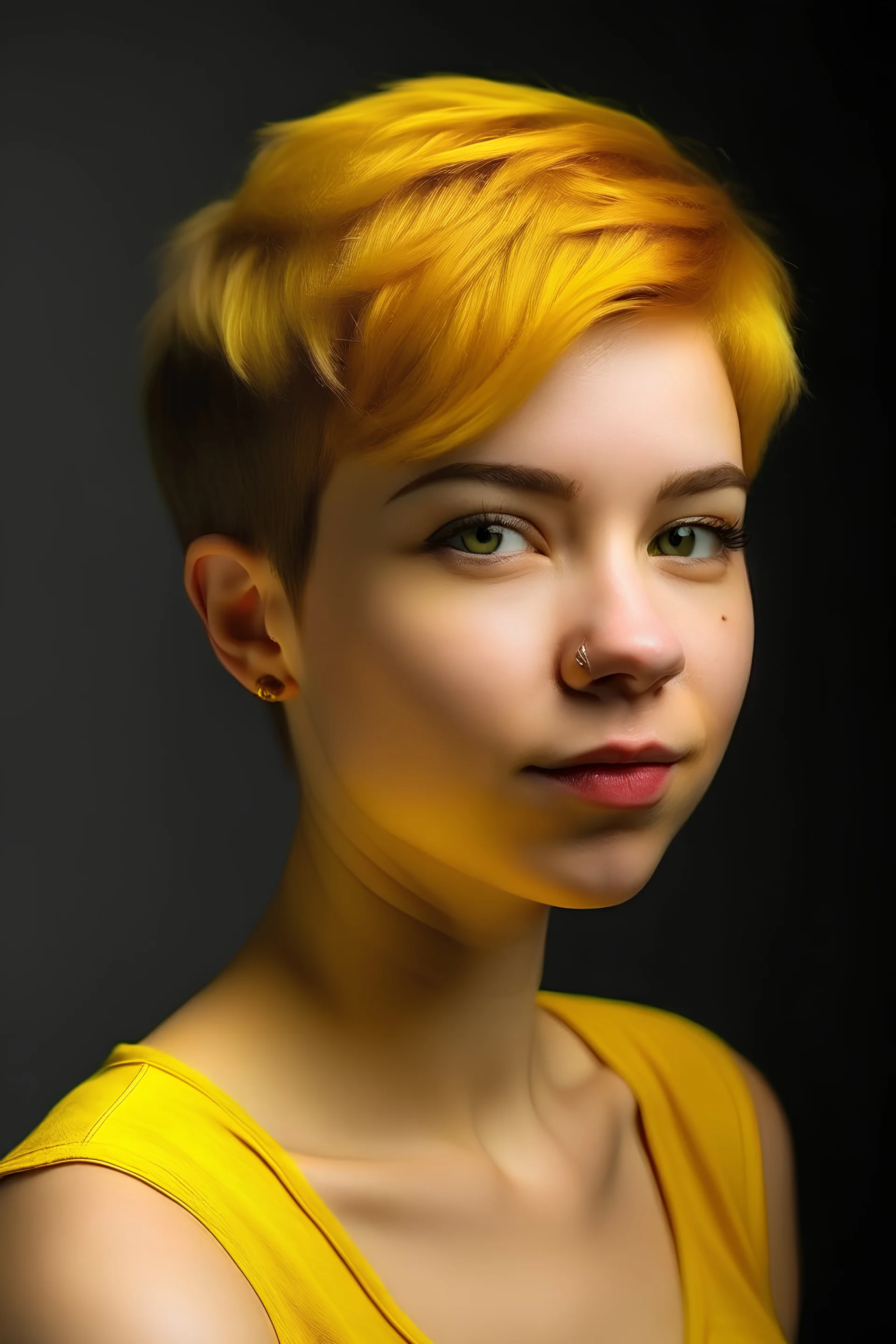 A girl with a medium-breasted and yellow and short hair