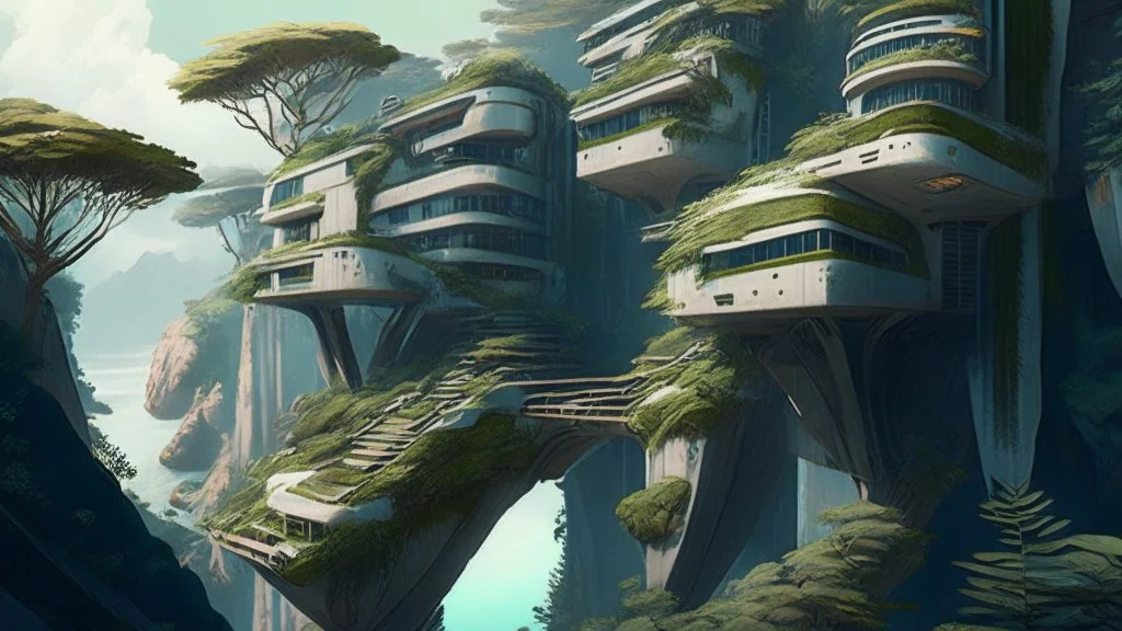 many alien buildings with balconies overhanging a cliff top with bridges and trees and rampant foliage