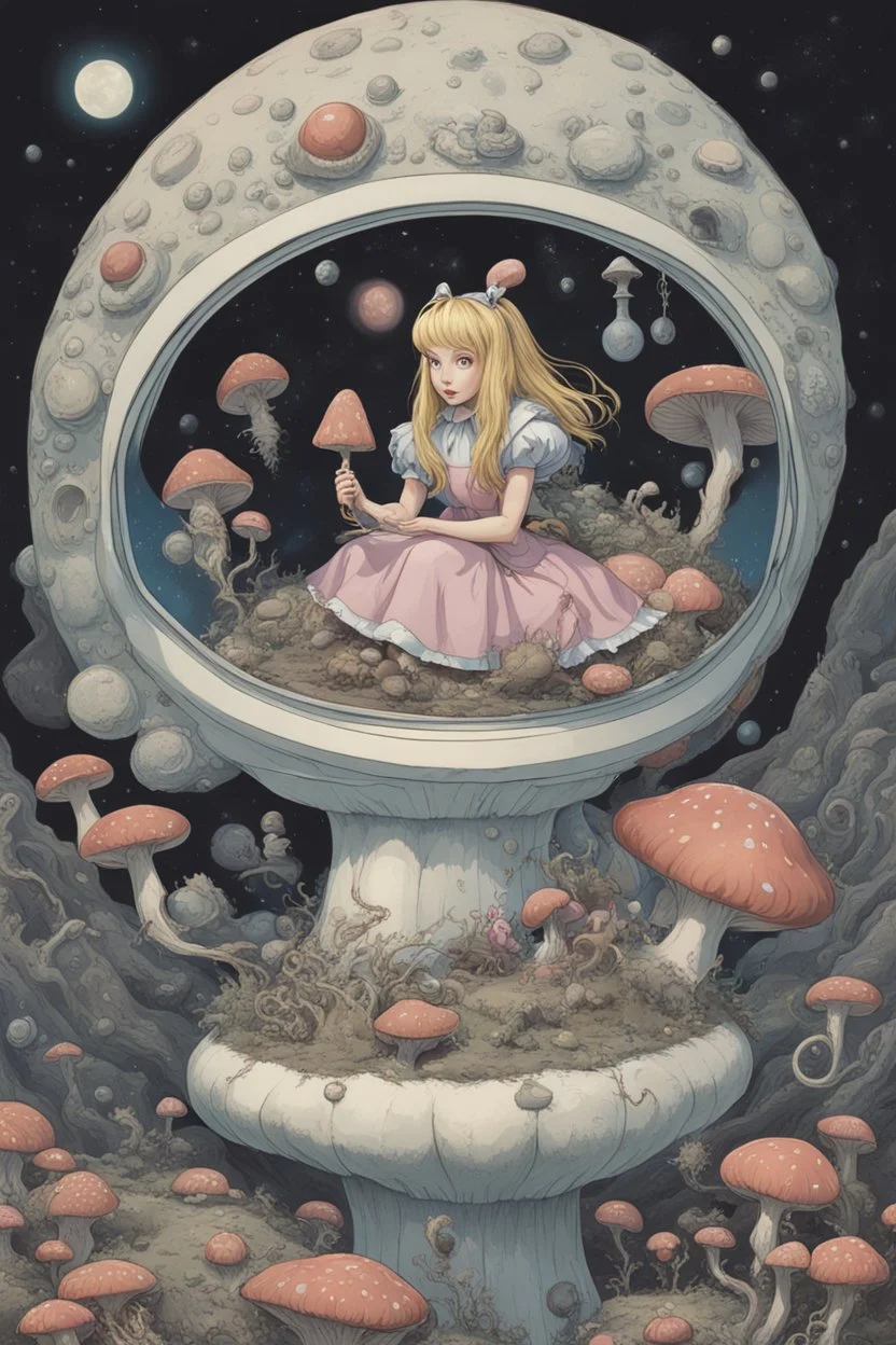 Alice in Wonderland, in a space suit, sitting on a huge mushroom with tentacles hanging down, in an alien landscape