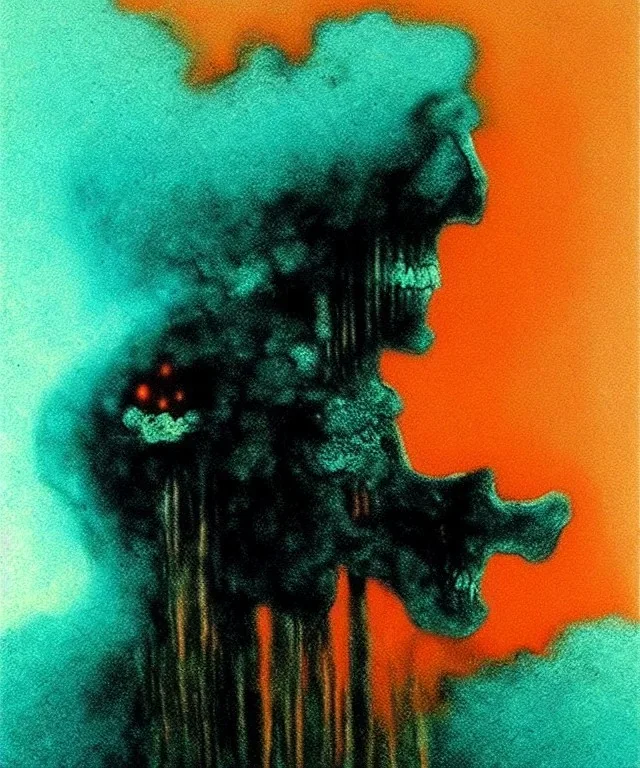 broken skull. black background. smoke and explode. particles in air. teal and orange. abstract. beksinski.