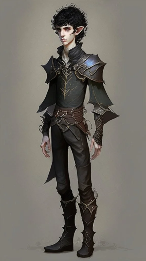 boy elf,he has curly, black hair and sharp cheekbones. His eyes are black. He wears fantasy medieval clothes. he is lean and tall, with pale skin, full body with boots, side view full body side body