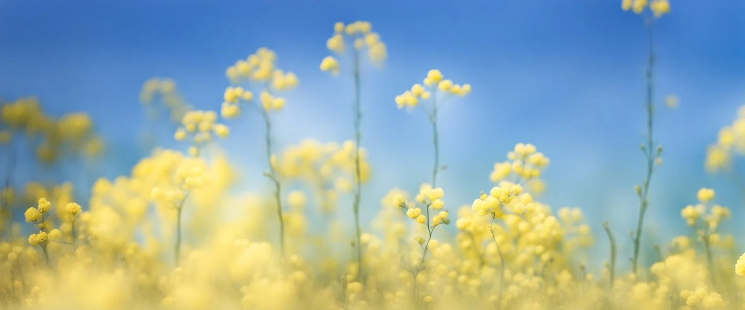 blue sky for top half, across Middle is canola flowers with canola stems branches and leaves below, realistic