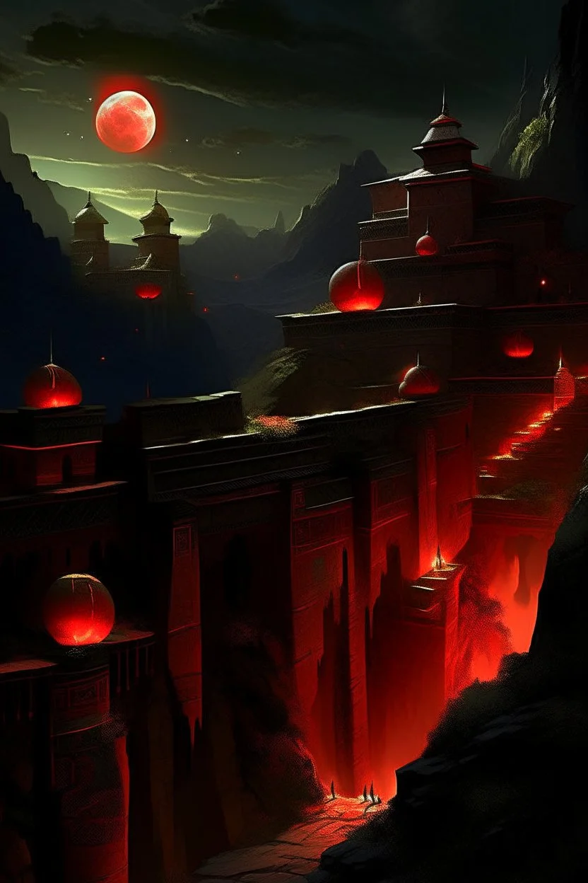 View of an ancient walled city sitting in a canyon as viewed from the rim of the canyon, the city is lighted by torches placed along the walls with windows high upon the wall, One window has a scarlet cord draped out reaching the ground, the sky is dark and surrealistic with planets and moons on the horizon, the rim of the canyon has armored soldiers laying in wait while 2 spies work their way down to the outside of the city wall where the scarlet cord hangs from the window above a cross