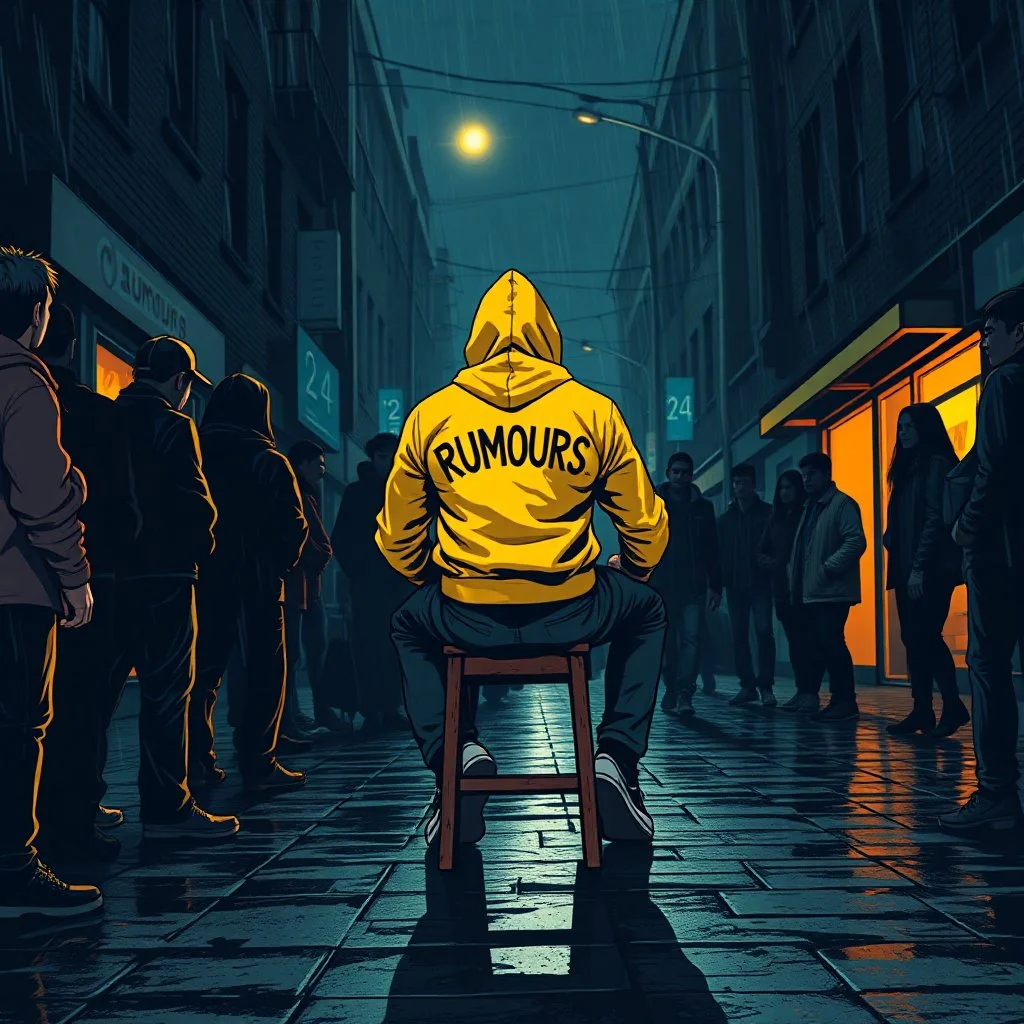 Top Angle Of A Dark Street In Which Dark Silhouette Of People Talking Surrounding A Well-Built Man (Age 24) Covered In A Yellow Hoodie Sitting On A Rustic Chair And Posing Dramatically With His Legs Straight And "RUMOURS" Written On The Back Of His Hoodie, All Of This In Comic Art Style (Using Colors Navy-Blue, Maroon, Orange, Neon-Green And Brown) Along With A Street Light And Heavy Rainfall Giving Overall A Dramatic & Cinematic Ambiance.