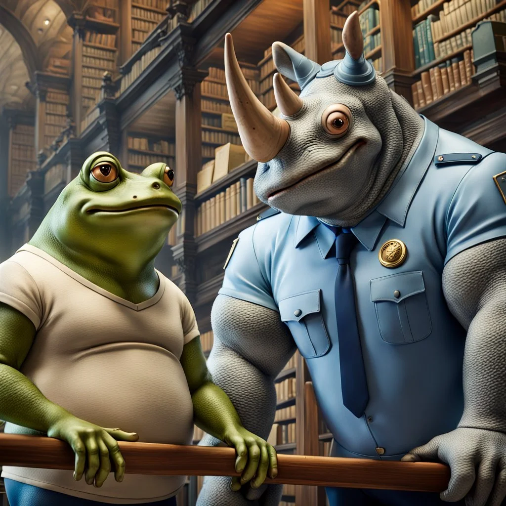 close up photo from a yellow color big and fat anthropomorphic frog in simple human clothes talking with a gray strong anthropomorphic rhinoceros without horns in blue modern security guard clothes, they talking and elbowing on an old wooden railing next to each other, in background a bibliothek with tall book shelves, detailed sci-fi, fantasy mood