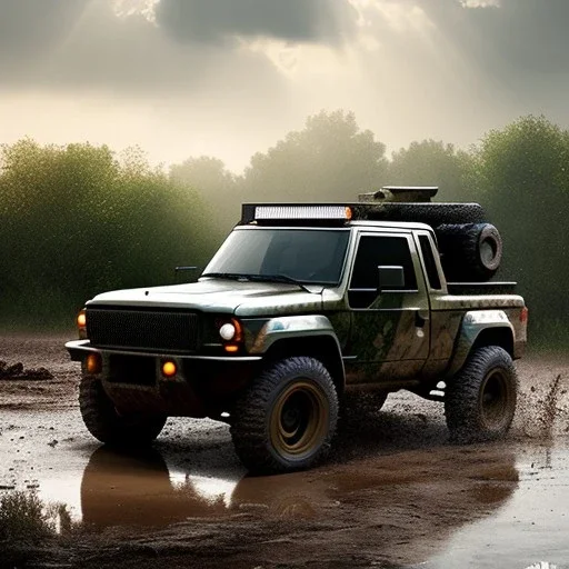 stylized hyperrealistic shot, muddy military pickup truck, guns mounted, monotone color palette, sharp focus, puddle reflection, tire water splash, refraction, mist on the horizon, shadowcast, god rays, detailed and intricate, cinematic composition, micro, tilt shift photography