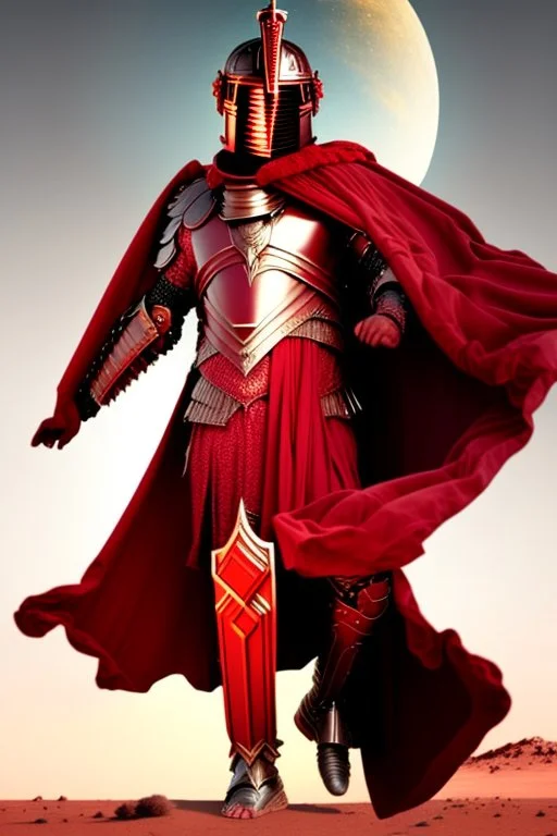 Planet Mars portrayed as a menacing God wearing Roman-like armour, a red cape, and a spartan helmet that covers his face entirely