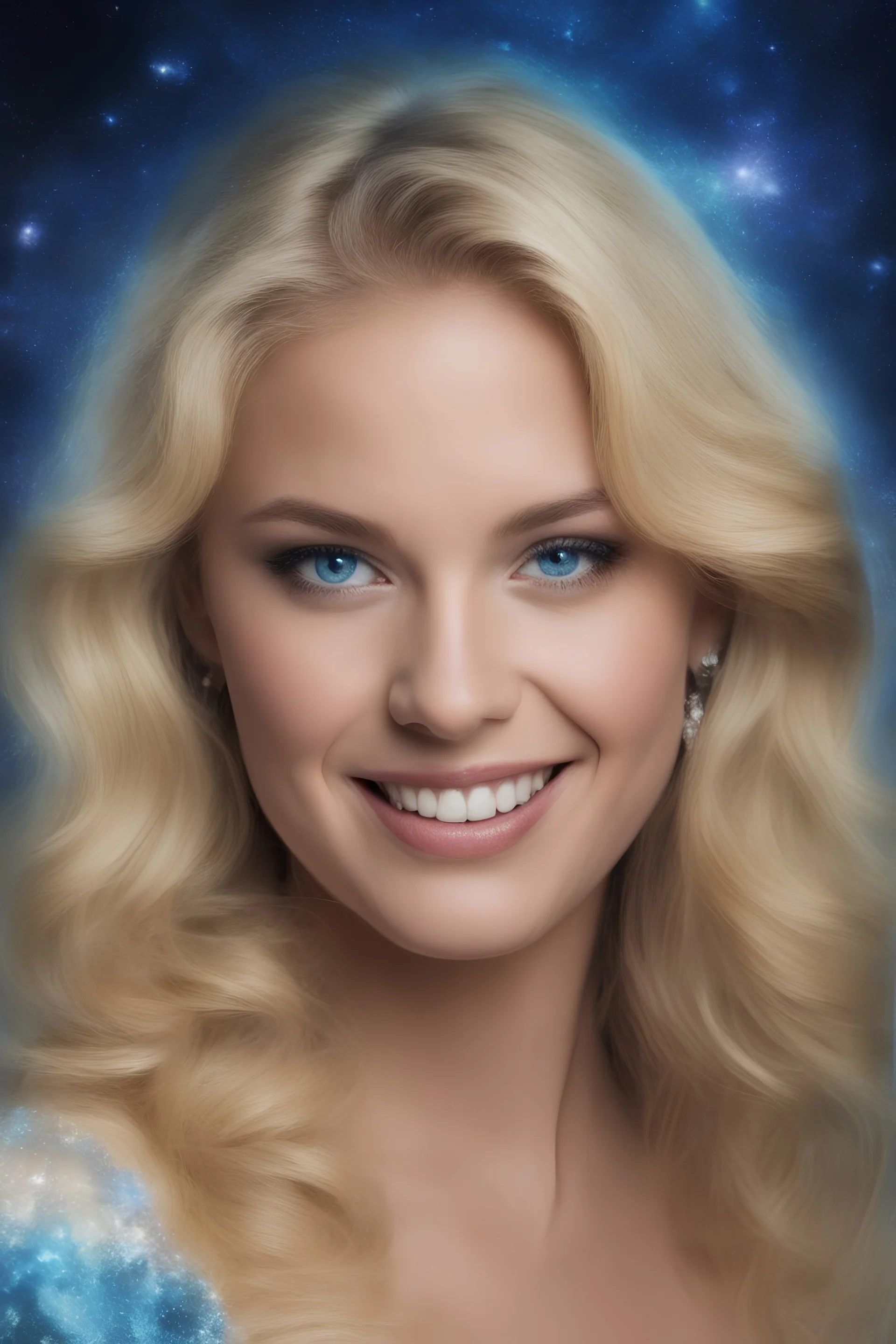 full color, facial portrait, smiling Heather the babe with (((Blonde Hair))), (((blue eyes))), 32k, UHD, Professional Photo -- Botany - Starry - Retro Pop - Dark Fantasy - Horror - Festive - Realistic - 32k, UHD, professional quality, 8 x 10 digital photograph