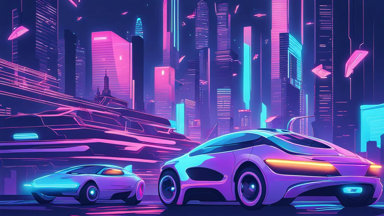 A futuristic cityscape at night with neon lights and flying cars.