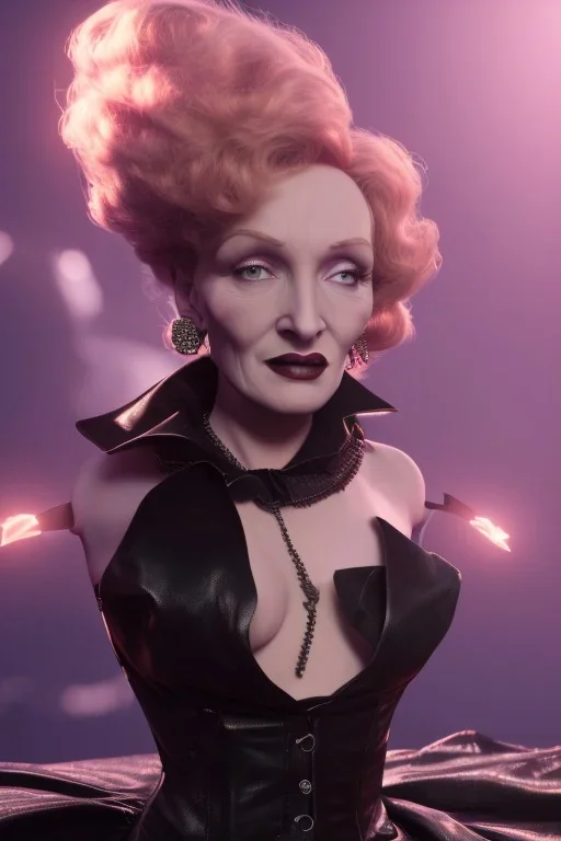 young Marlene Dietrich as evil queen in black leather gown, angry, busty, curvey, cleavage, unreal 5, octane render,cinema4d, dynamic lighting, dramatic lighting, 4k, redshift render, highly detailed, hyper realistic