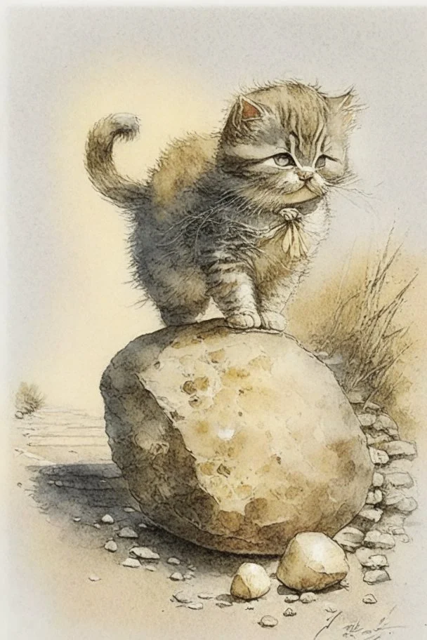 very cute sweet-faced kitten carrying a huge stone on her back on a paved road by Jean-Baptiste Monge golden watercolour and black ink highly detailed elegant intricate very attractive beautiful award winning fantastic view crisp quality in sunshine