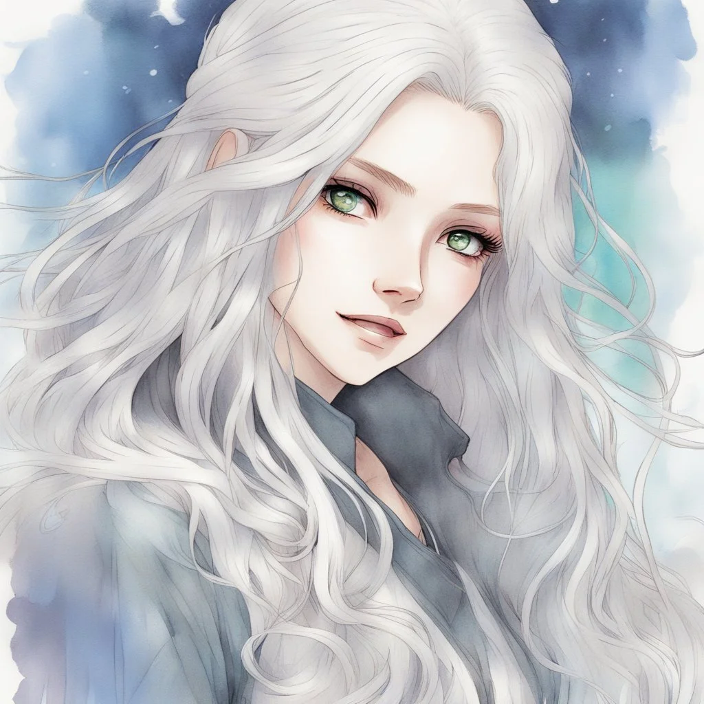 a close-up headshot of a young woman with long white hair, silver eyes with long lashes, pale skin, a slim delicate build, prone to illness, shy, anime style, intricately detailed, colored sketchy manga style, splotchy watercolor background