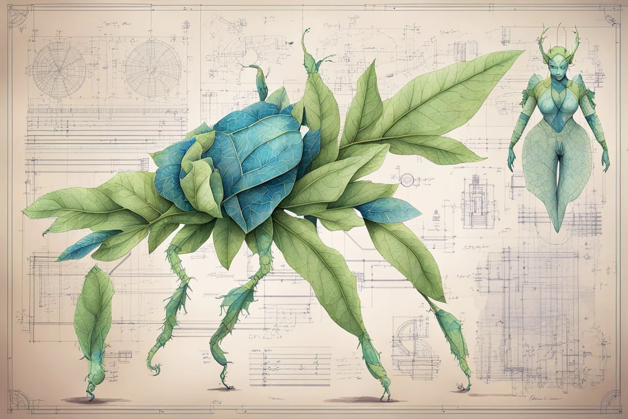 Hand drawn technical,full body illustration , with detailed blueprints and engineering schematics of a hybrid walking leaf insect woman, with highly detailed facial features, drawings, and technical notation, 8k, vibrant natural colors