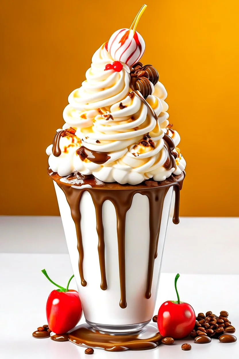 A creamy, dreamy milkshake with swirls of chocolate and caramel, topped with a mountain of whipped cream and a cherry on top.