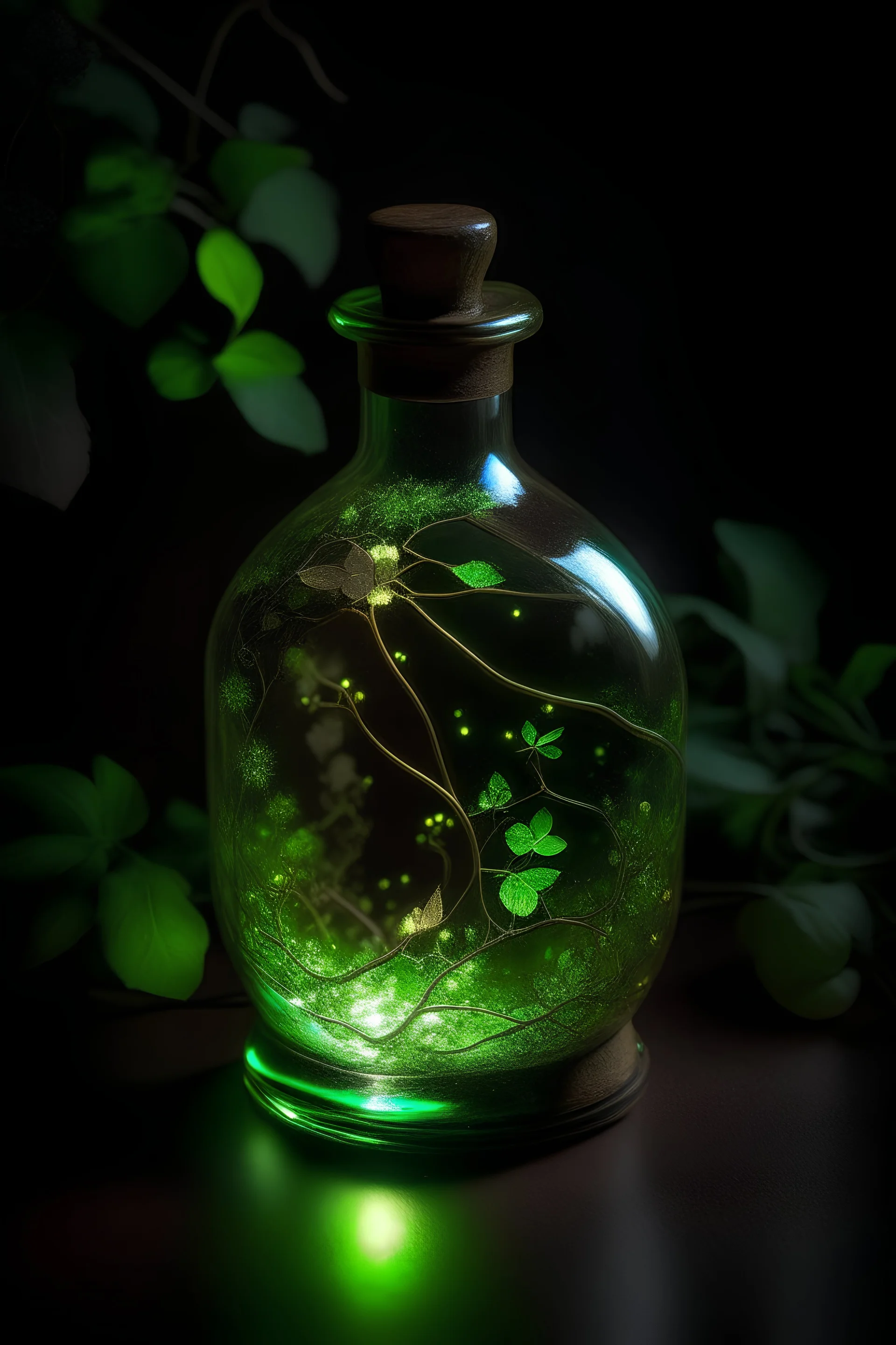 glowing magical potion in an antique bottle with lush green vines with blossom