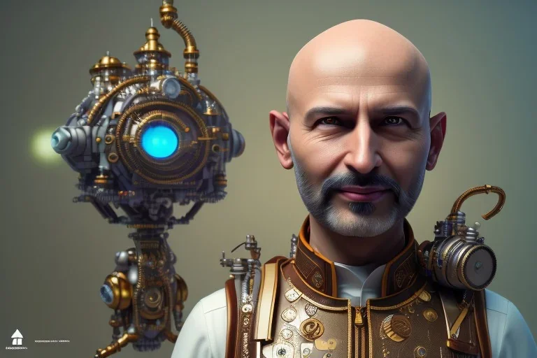 portrait of a bald and shaved Atul Bhardwaj building lego, steampunk, brown eyes, no facial hair, steampunk, unreal 5, octane render, cinema4d, dynamic lighting, soft lighting, 4k, redshift render, highly detailed, hyper realistic