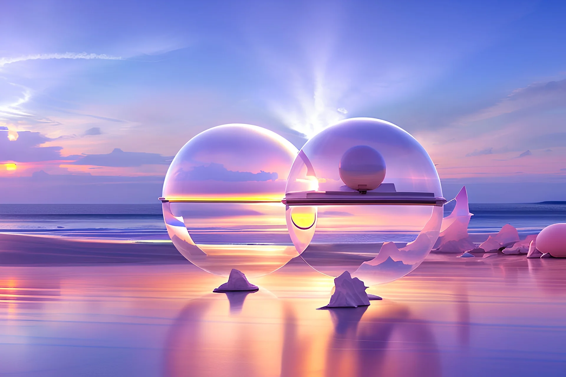Spaceship up in the sky, transparent, white lights bright and pastel colorful bright gloss effect of a dream subtle, light , natural round shapes concept, large transparent view of the open outdoor beach sea at sunset,crystals,light of sun,wisteria, hibiscus flowers, tropical flowers,