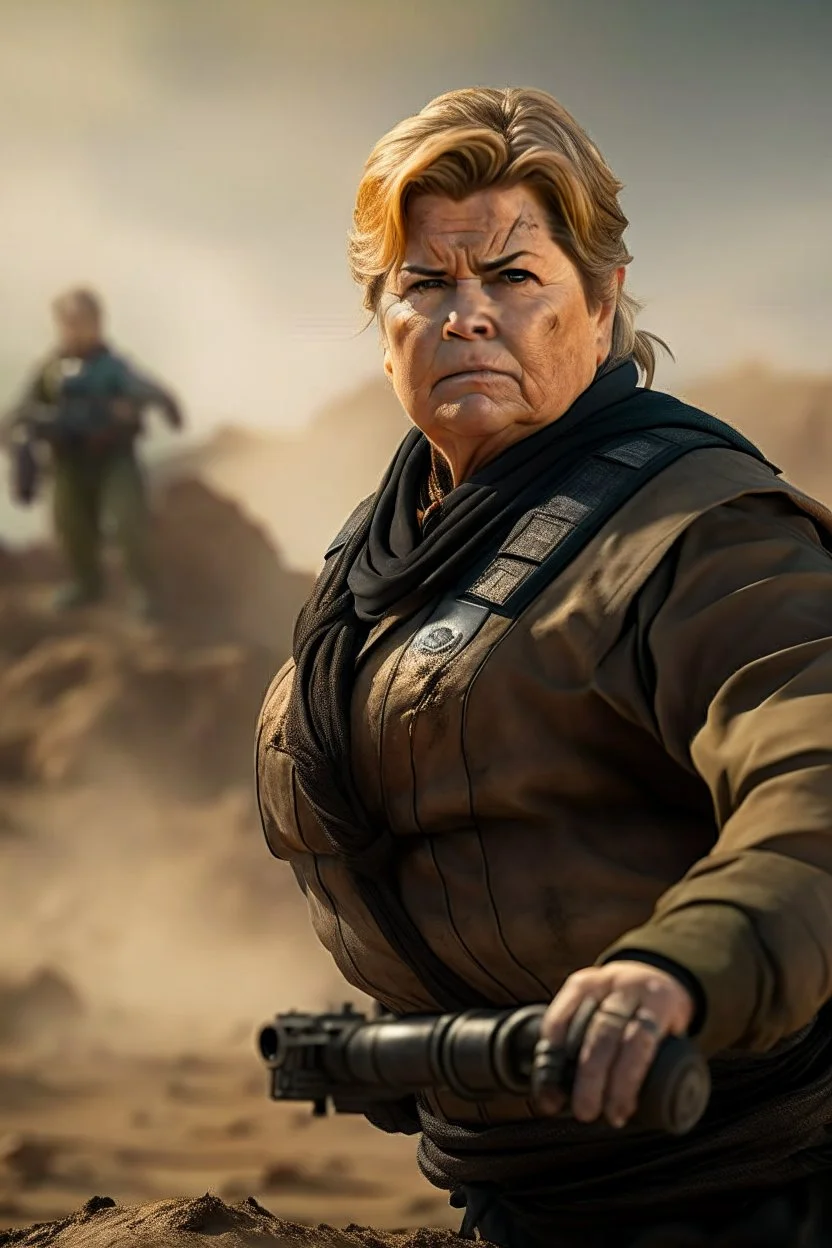 portrait of Erna Solberg making excuses as fat floating harkonen boss on elvated podium in a rocky desert scene from dune, shot on Hasselblad h6d-400c, zeiss prime lens, bokeh like f/0.8, tilt-shift lens 8k, high detail, smooth render, down-light, unreal engine, prize winning