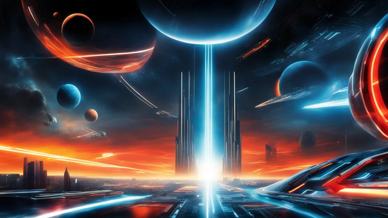 tron legacy movie, city of lights blue, red and yellow , programs, space ships, clouds, planets