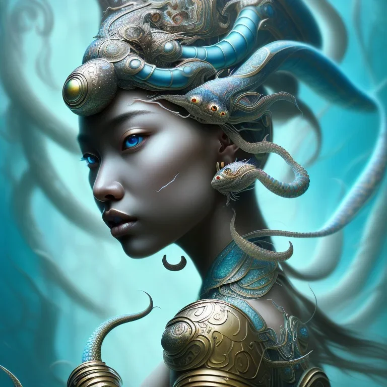 Sango fantasy, fantasy magic, intricate, sharp focus, illustration, highly detailed, digital painting, concept art, matte, art germ and Paul Lewin and Kehinde Wiley, masterpiece Japanese dancer head bronze squid' Asian African girl nice breast Thai hair turquoise silver blue under water