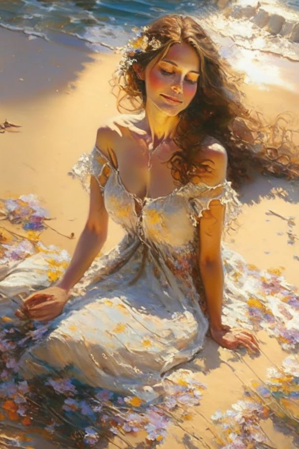 A beautiful happy woman, perfect simmetric face, light brown hair, bare breast and nipples, full body, full figure, lies in the sand next to the sea in romantic floral dress highly detailed intricate pixel art sexy magical sensual Epic patchwork Vicente Romero Redondo in sunshine