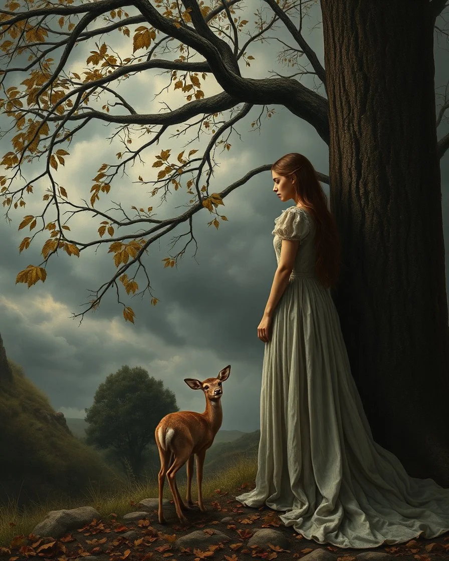 Bosch painting style, nightmare , a beautiful woman standing by the tree branches and leaves, looking at little deer standing by great quality picture with cinematic scenes , heavy clouds in the background